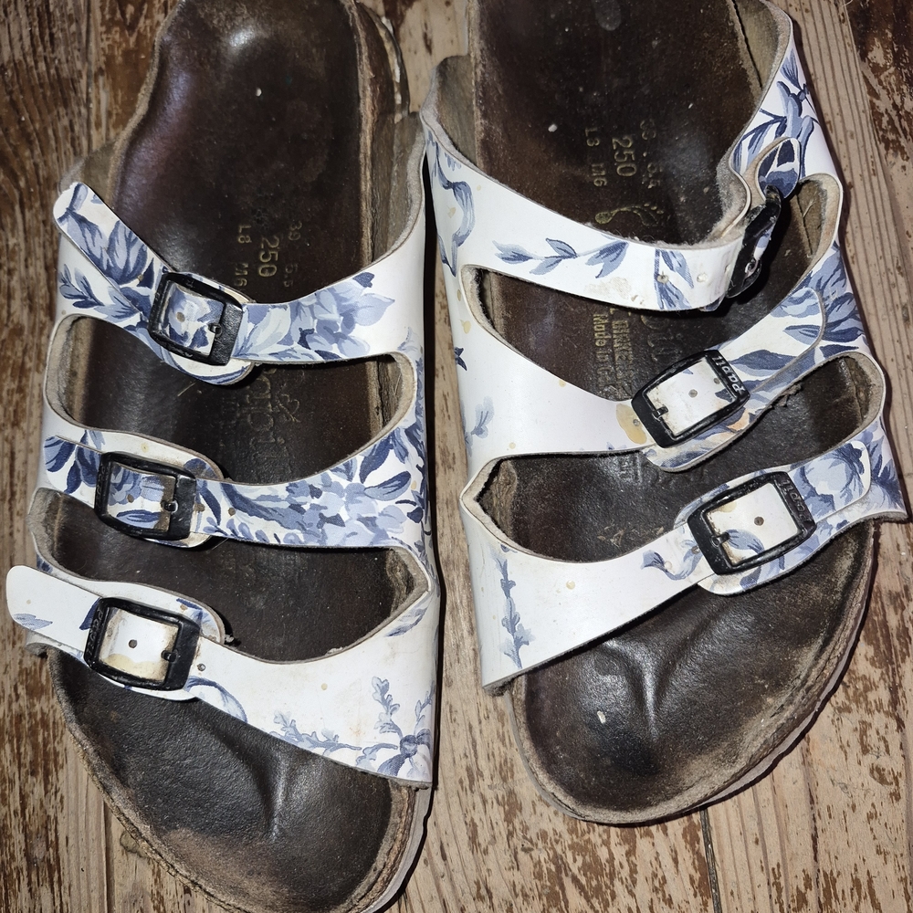 Birkenstock White and Blue Floral Sandals